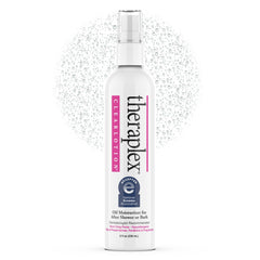 Theraplex Clear Lotion Spray bottle on sink for post-shower moisture.