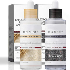THESHYING Rice Peel Shot Glow ampoule duo bottle-front showcases pore-minimizing skincare