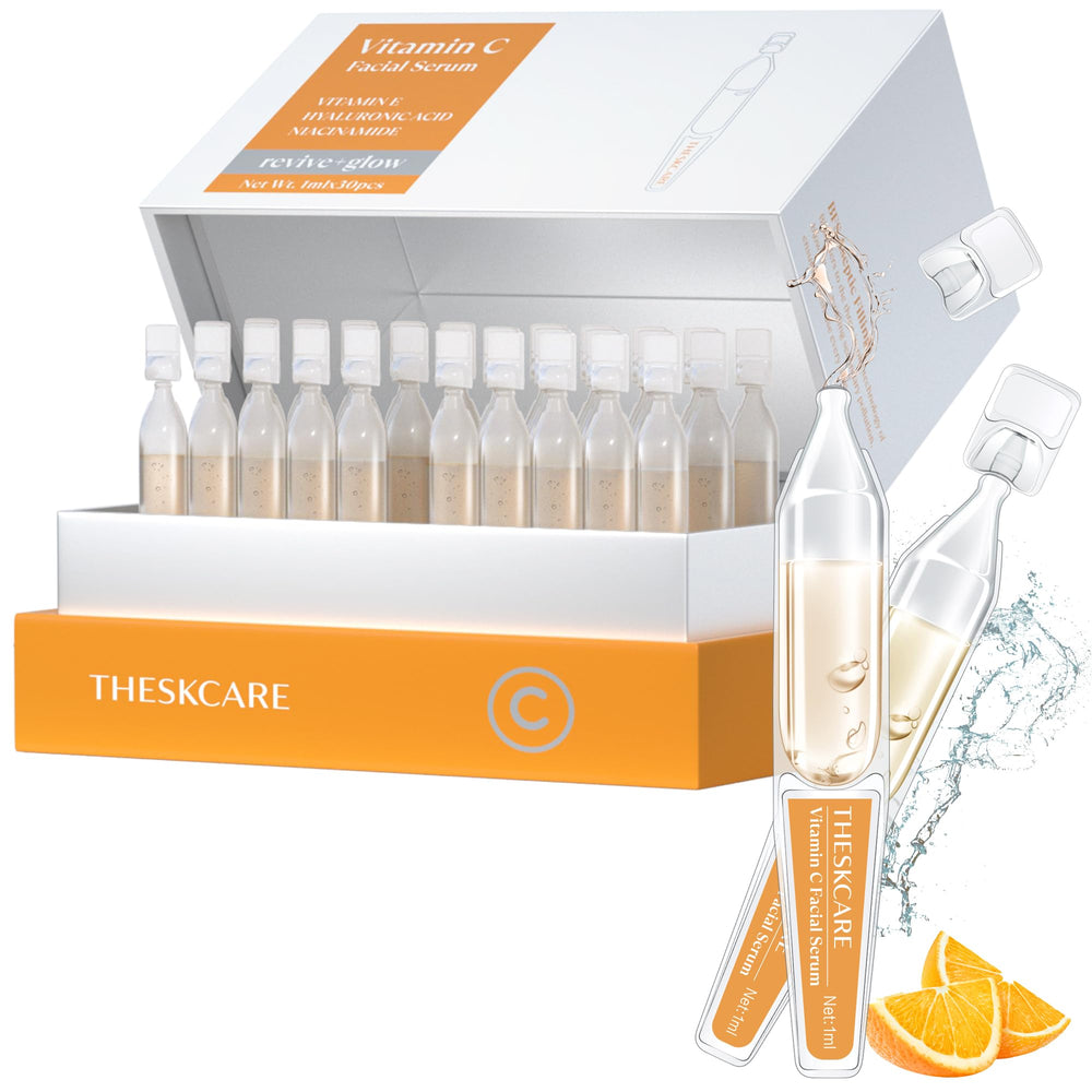 THESKCARE Vitamin C Serum ampoule being opened for brightening and hydration