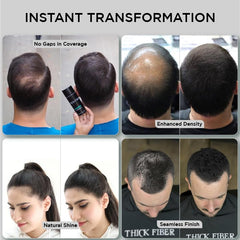 Thick Fiber applying fibers to dry hair for thinning area coverage.