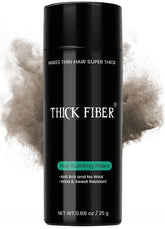 Thick Fiber bottle front illustrates a compact 25g kit for thinning hair concealment.