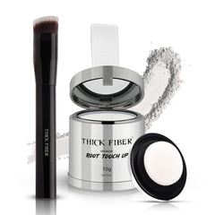 Thick Fiber root touch up powder with brush in white package provides natural coverage.
