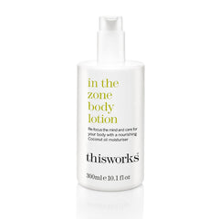 THISWORKS In The Zone bottle on shelf for daily hydrating body care and mood boost.
