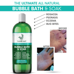 Thyme Out bubble bath foam pours into a warm tub for gentle bubbles.