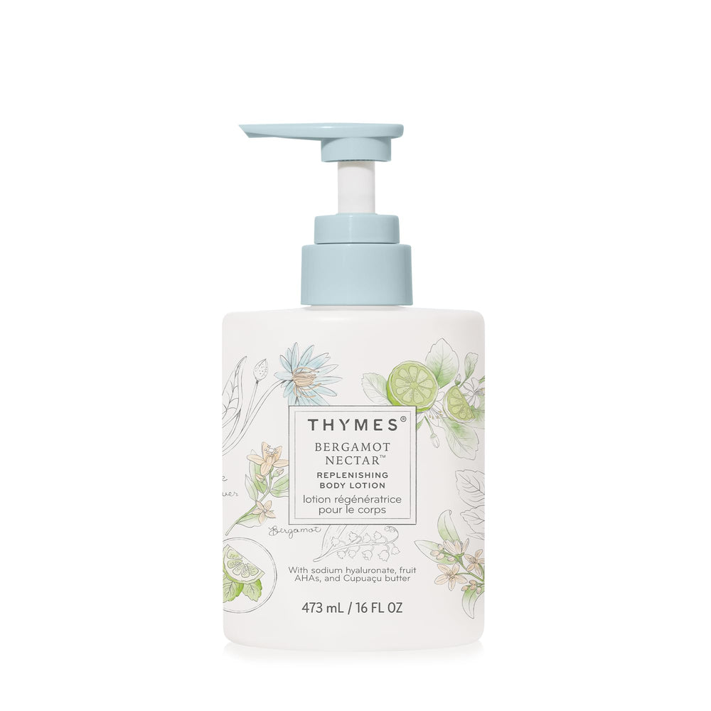 Thymes Bergamot Nectar lotion bottle shows hydrating formula for daily nourishment.