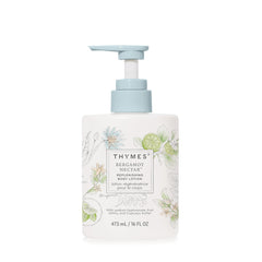 Thymes Bergamot Nectar lotion bottle shows hydrating formula for daily nourishment.