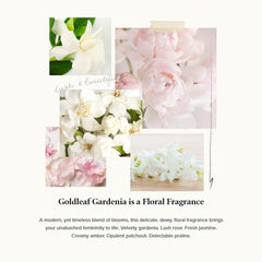 Fragrance notes of Thymes Goldleaf Gardenia including gardenia, rose, and jasmine.