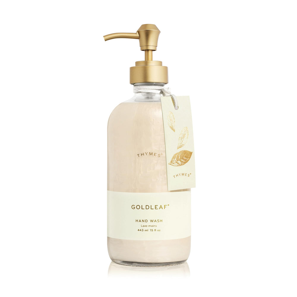 Thymes Goldleaf hand wash bottle adds a refined touch to your sink and skin.