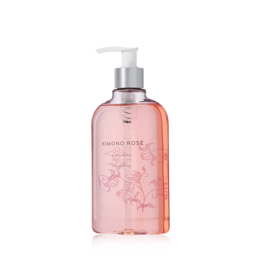 Thymes Kimono Rose bottle with pump for easy cleansing and fragrance.