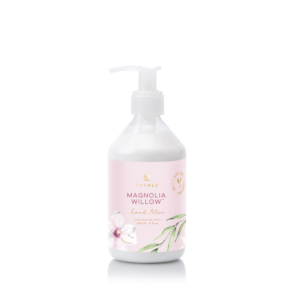 Thymes Magnolia Willow hand lotion bottle delivers luxurious hydration for soft, everyday hands.
