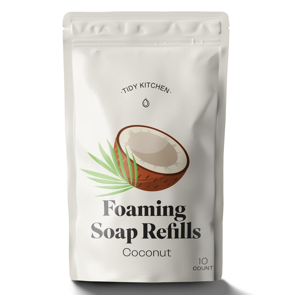 Tidy Kitchen foaming soap tablets dissolve in warm water for coconut scent refill.