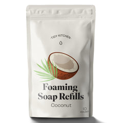 Tidy Kitchen foaming soap tablets dissolve in warm water for coconut scent refill.