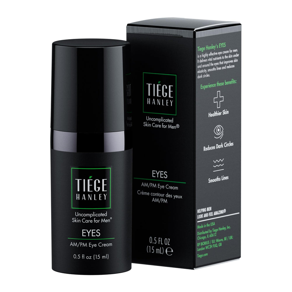 Tiege Hanley Eye Cream tube during morning application for hydrated under-eye skin.