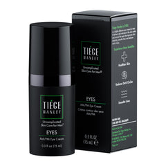 Tiege Hanley Eye Cream tube during morning application for hydrated under-eye skin.