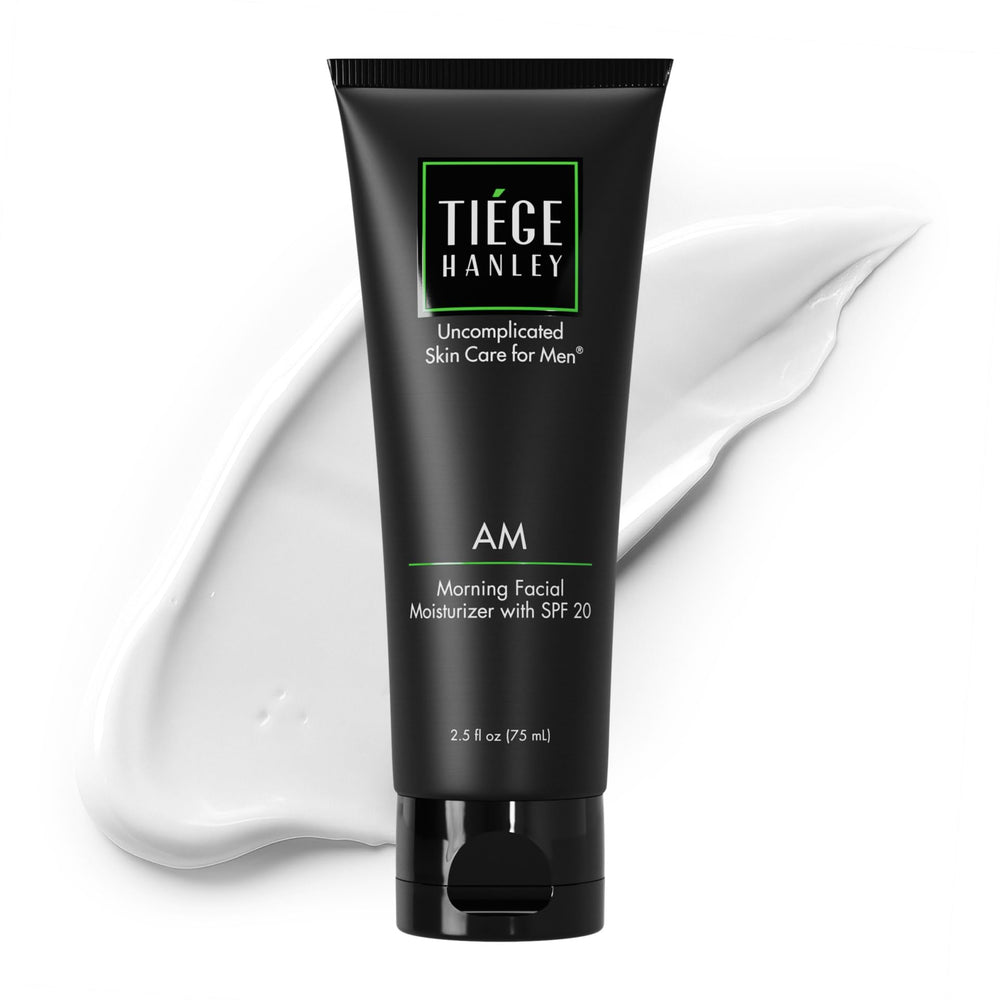 Tiege Hanley AM moisturizer bottle with SPF 20 provides daily protection