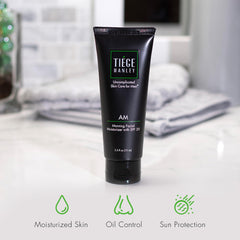 Tiege Hanley AM moisturizer pea-sized amount dispensed for easy morning routine