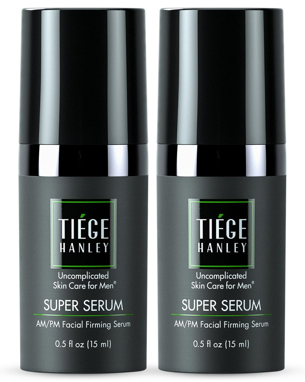 Tiege Hanley Super Serum bottle closeup shows quick-absorbing hydration for refreshed skin.