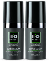 Tiege Hanley Super Serum bottle closeup shows quick-absorbing hydration for refreshed skin.