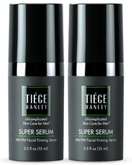 Tiege Hanley Super Serum bottle closeup shows quick-absorbing hydration for refreshed skin.