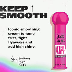 TIGI Bed Head After Party on damp hair for easy blow-dry smoothing.