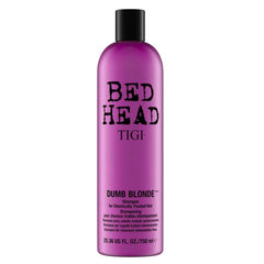 TIGI Bed Head Dumb Blonde Shampoo bottle front, highlighting color protection for vibrant tones.