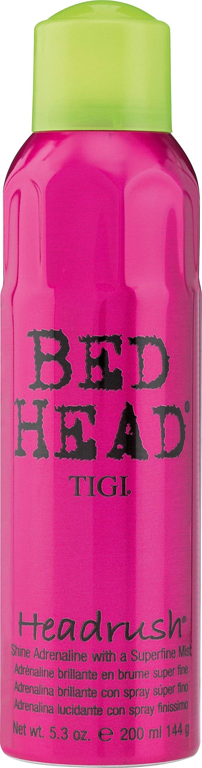 TIGI Bed Head Head Rush Shine Mist bottle provides a glossy finish for everyday shine.