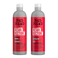 TIGI Bed Head Resurrection shampoo bottle pour showing maximum-strength repair for dry, damaged hair.