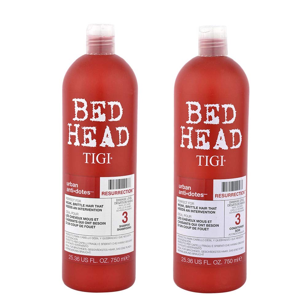 TIGI Bed Head Resurrection shampoo bottle aids repair and deep cleansing for damaged hair.