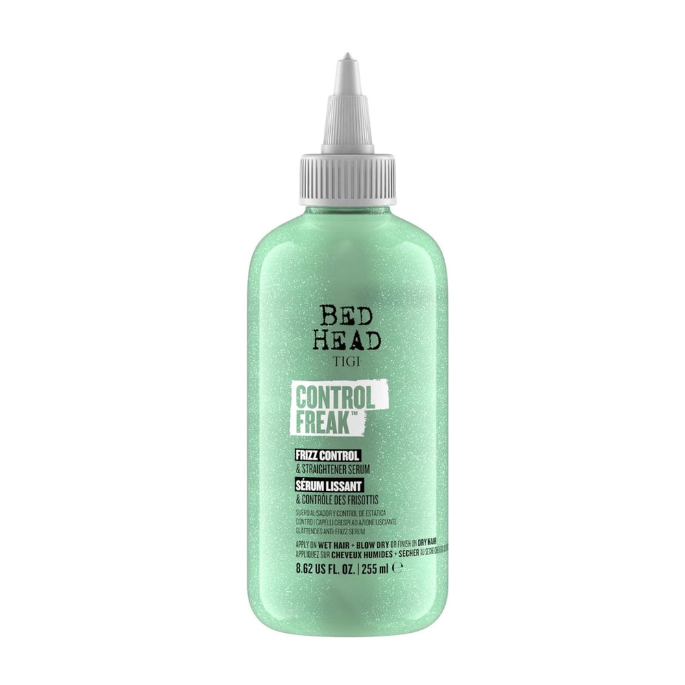 TIGI Control Freak serum bottle demonstrating frizz control for smooth curls.