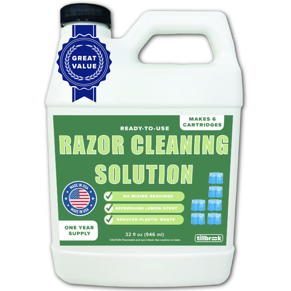 Tillbrook Electric Razor Cleaner bottle pouring for quick refills and easy maintenance.