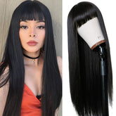 TIMANZO long straight wig front view in natural black for daily wear and cosplay versatility.