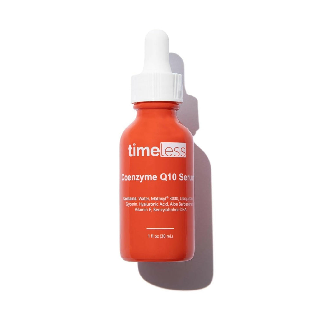 Timeless Skin Care Coenzyme Q10 Serum bottle with dropper for fragrance-free hydration and smoothing.