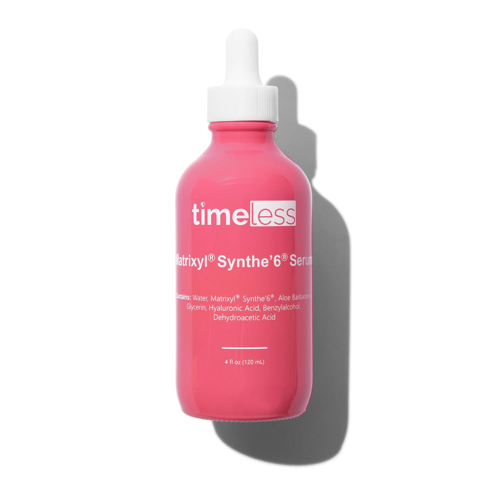 Timeless Skin Care Matrixyl Synthe’6 Serum bottle closeup highlights hydration-boosting formula.