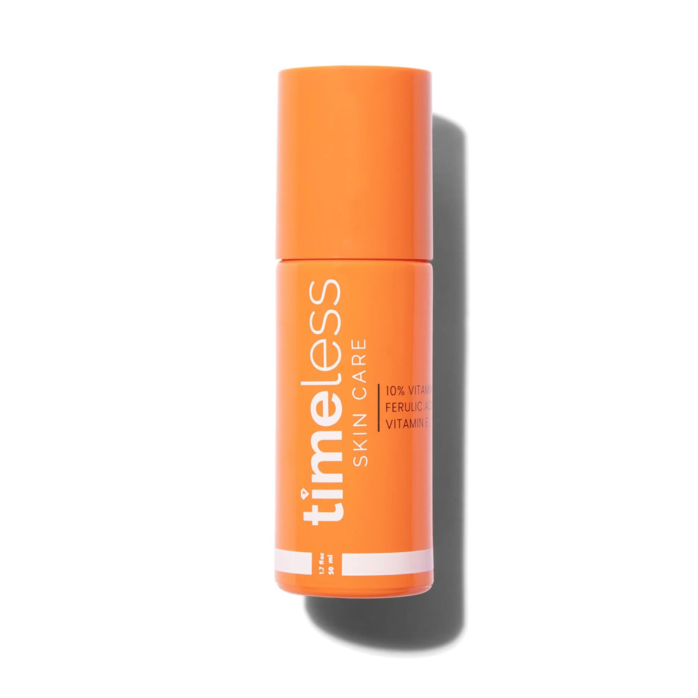 Timeless Skin Care vitamin c serum amber bottle highlights brightening support for daily use.