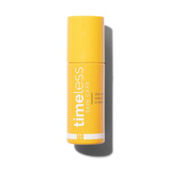 Timeless Skin Care Vitamin C Serum bottle closeup showing brightening potential.
