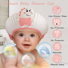 TinyGuardian baby shower cap shield pink dinosaur side view keeps ears dry during shampoo.