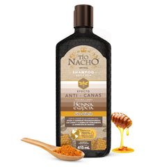 Tio Nacho anti-grey shampoo bottle preview highlights gradual color toning for brown to dark hair.