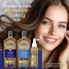 Tio Nacho hair volume spray bottle demonstrates lift for thinning hair.