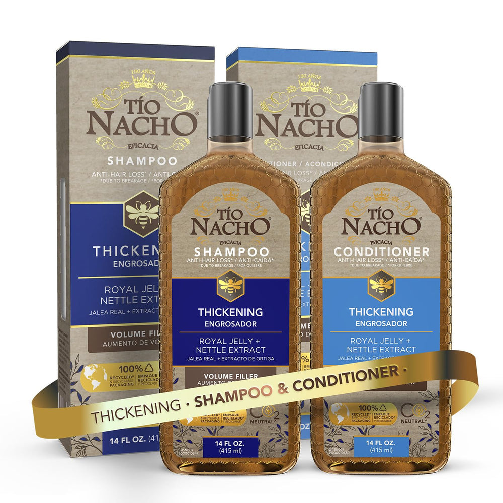 Tio Nacho thickening shampoo bottle close-up for fuller-looking hair.