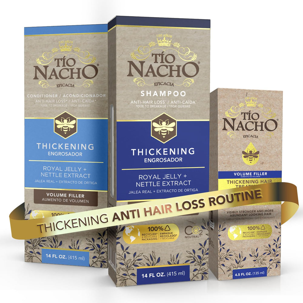 Tio Nacho thickening shampoo bottle closeup showcases cleansing power for fuller-looking hair.