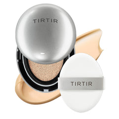 TIRTIR Mask Fit Aura Silver Cushion compact close-up showing subtle semi-glow finish for natural radiance.