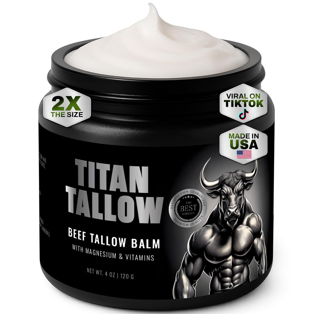 Titan Tallow beef tallow balm packaging, showcasing clean ingredients for skincare.