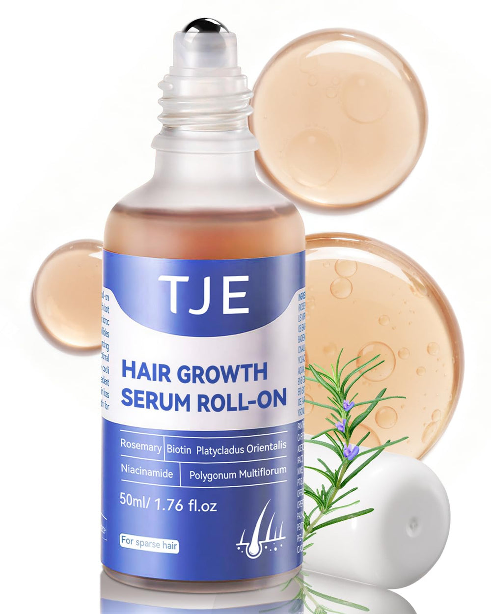 TJE Hair Growth Serum Roll-On bottle on countertop for easy scalp care.