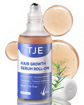 TJE Hair Growth Serum Roll-On bottle on countertop for easy scalp care.
