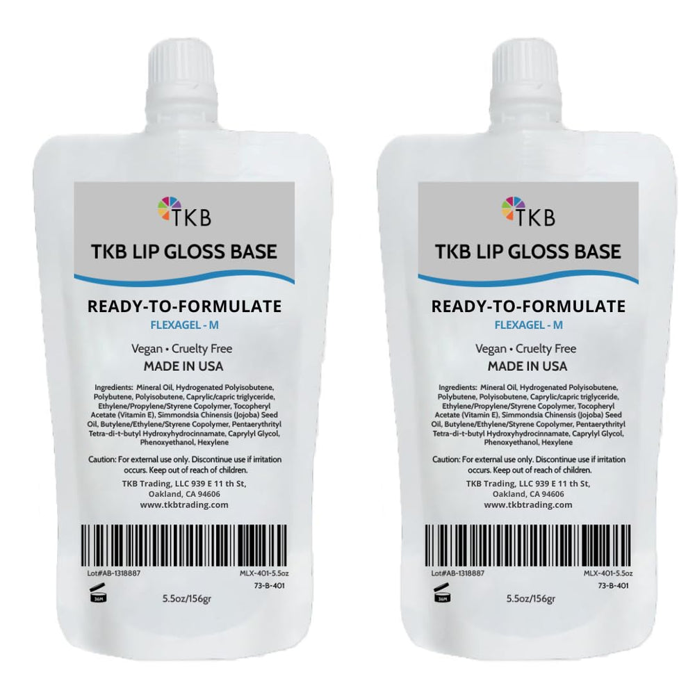 TKB Lip Gloss Base Flexagel M crystal-clear bottle closeup showing the shine-ready base for customization.