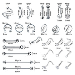 TKKUY 153Pcs piercing kit contents-closeup highlights diverse components for nose, ear, lip, and body piercings.
