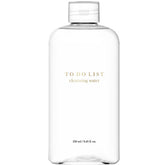 TO DO LIST Cleansing Water bottle closeup showing oil-free formula for all skin types.