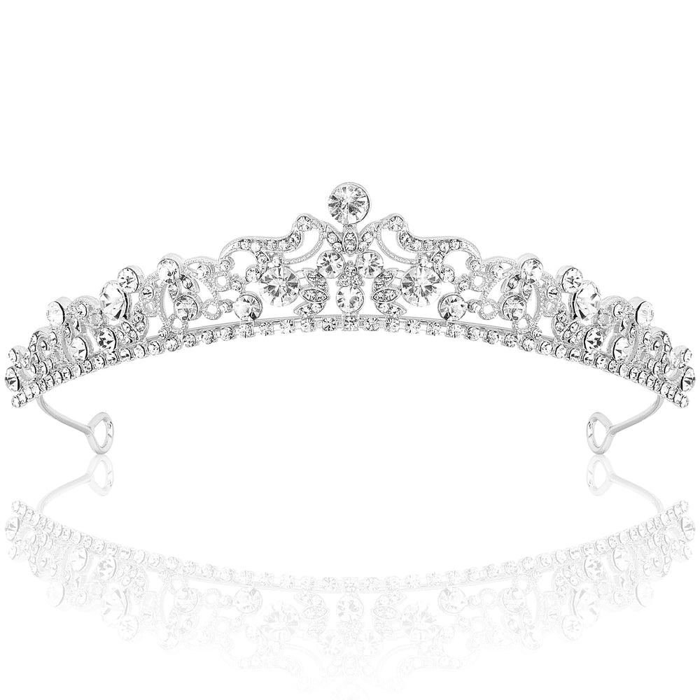 TOBATOBA silver tiara front view crystal detail boosts bridal sparkle for photos.