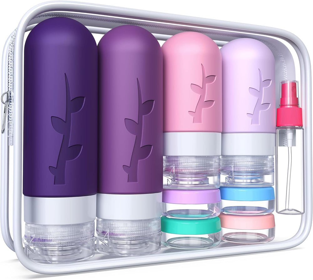 Tocelffe leakproof travel bottles kit keeps toiletries secure during flights.