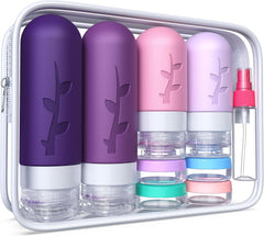 Tocelffe leakproof travel bottles kit keeps toiletries secure during flights.